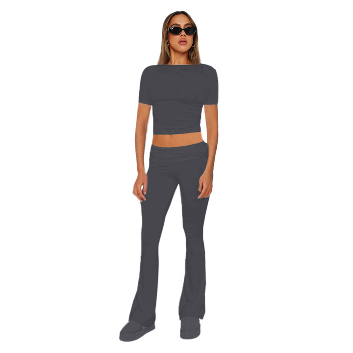 Figurbetonendes Damen-Crop-Set aus Stretch-Jersey mit hoch taillierten, ausgestellt Hosen Echoarchiv