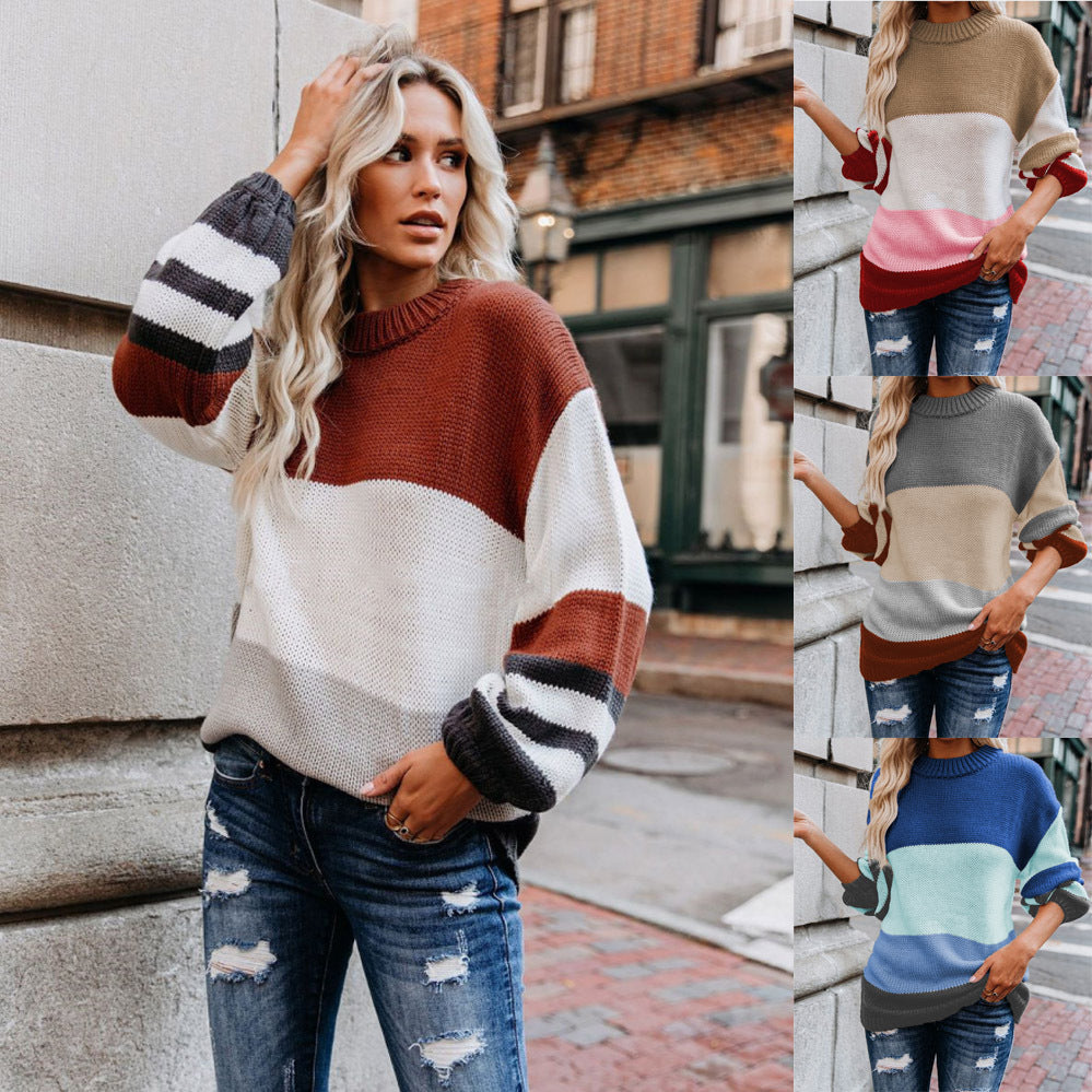 Damen Grobstrick Farbblockpullover mit hohem Rippenkragen und Oversize‑Passform Echoarchiv