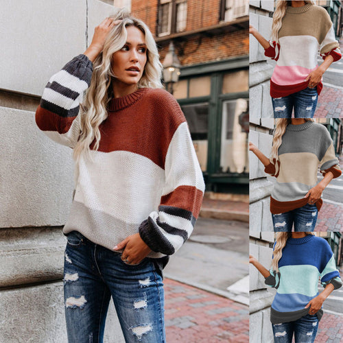 Damen Grobstrick Farbblockpullover mit hohem Rippenkragen und Oversize‑Passform Echoarchiv