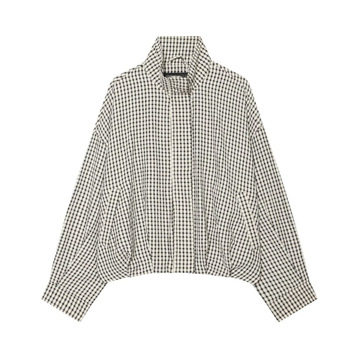 Damen Oversized Karo‑Jacke mit Stehkragen und gerafftem Saum Echo Archiv