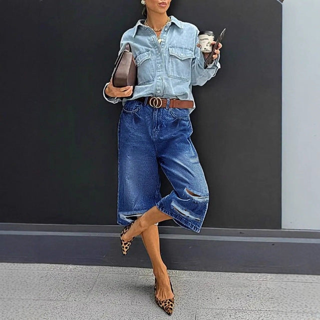 Damen Hochtaillierte Denim-Culotte mit Destroyed-Einsätzen und rohem Saum Echo Archiv