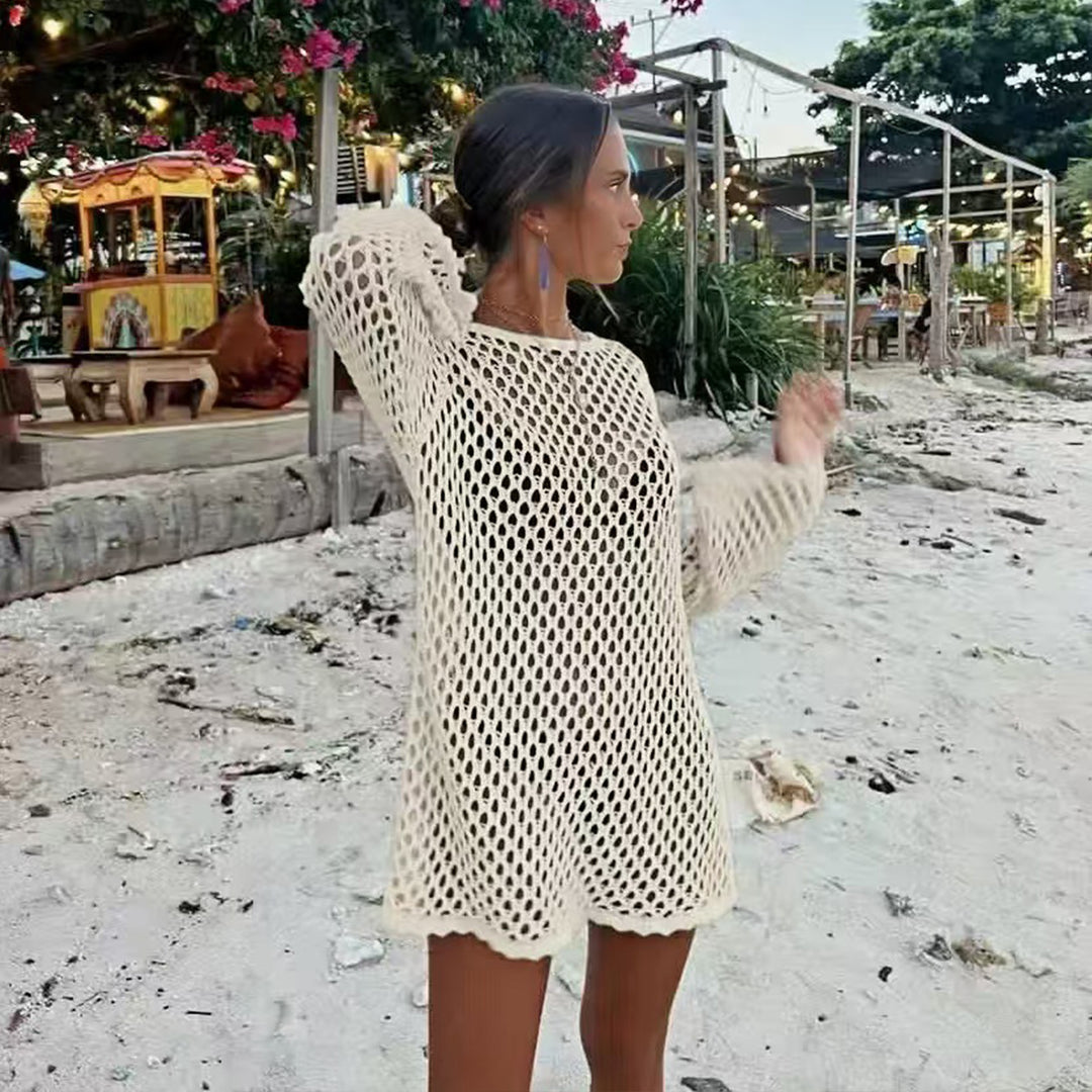 Damen luftiger Häkel-Strandüberwurf mit weiten Ärmeln und asymmetrischem Saum Echo Archiv