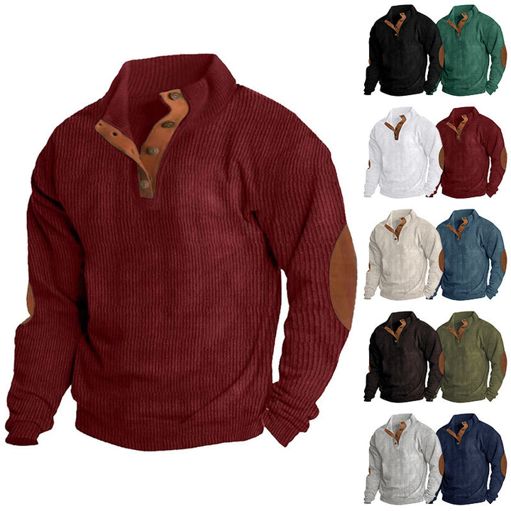 Herren Waffelstrick-Henley-Pullover mit Stehkragen und Ellbogen-Patches Echoarchiv