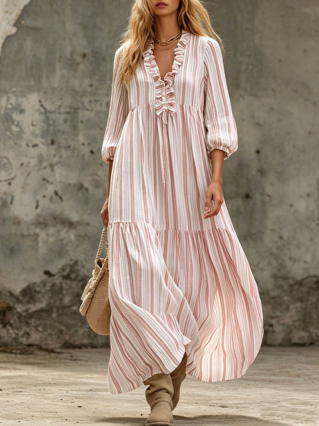 Damen Maxikleid mit Rüschen-V-Ausschnitt und Ballonärmeln Echoarchiv