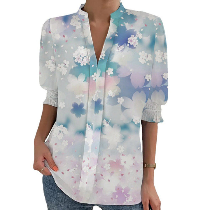 Damen Blumenprint Tunika-Bluse mit Stehkragen, geschlitzter V‑Blende und gerafften 3/4-Ärmeln – Élovi