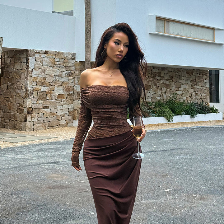 Damen Elegantes Abendkleid mit schulterfreiem Design und Spitzenärmeln Echo Archiv