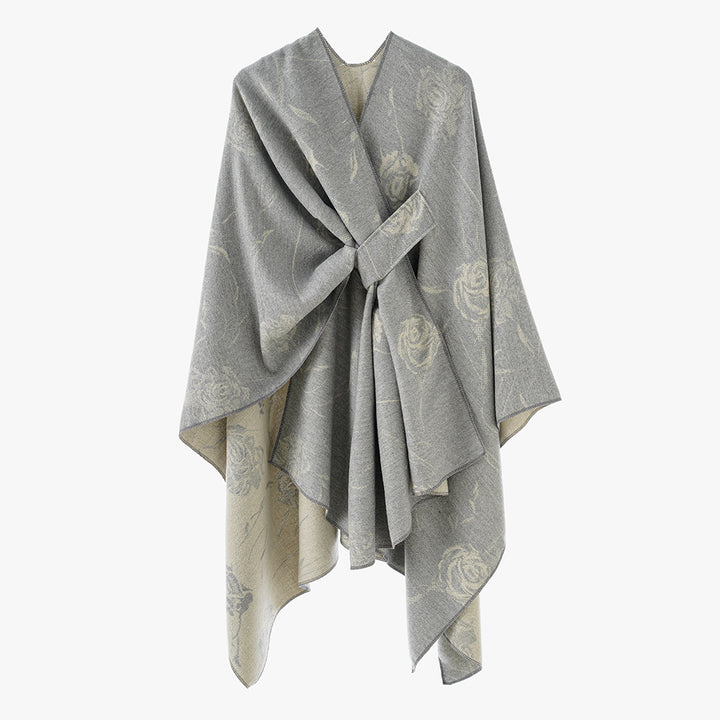 Damen Wendbarer Capeponcho mit Rosen-Jacquard und Bindegürtel Echo Archiv