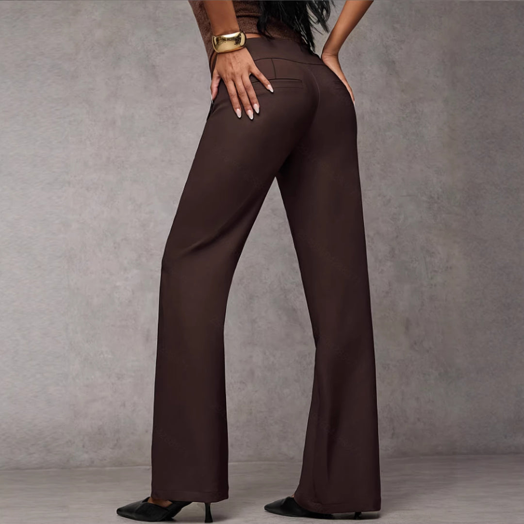 Damen Hochtaillierte gerade geschnittene Stoffhose mit weitem Bein und Zierknopfleiste – Avérine