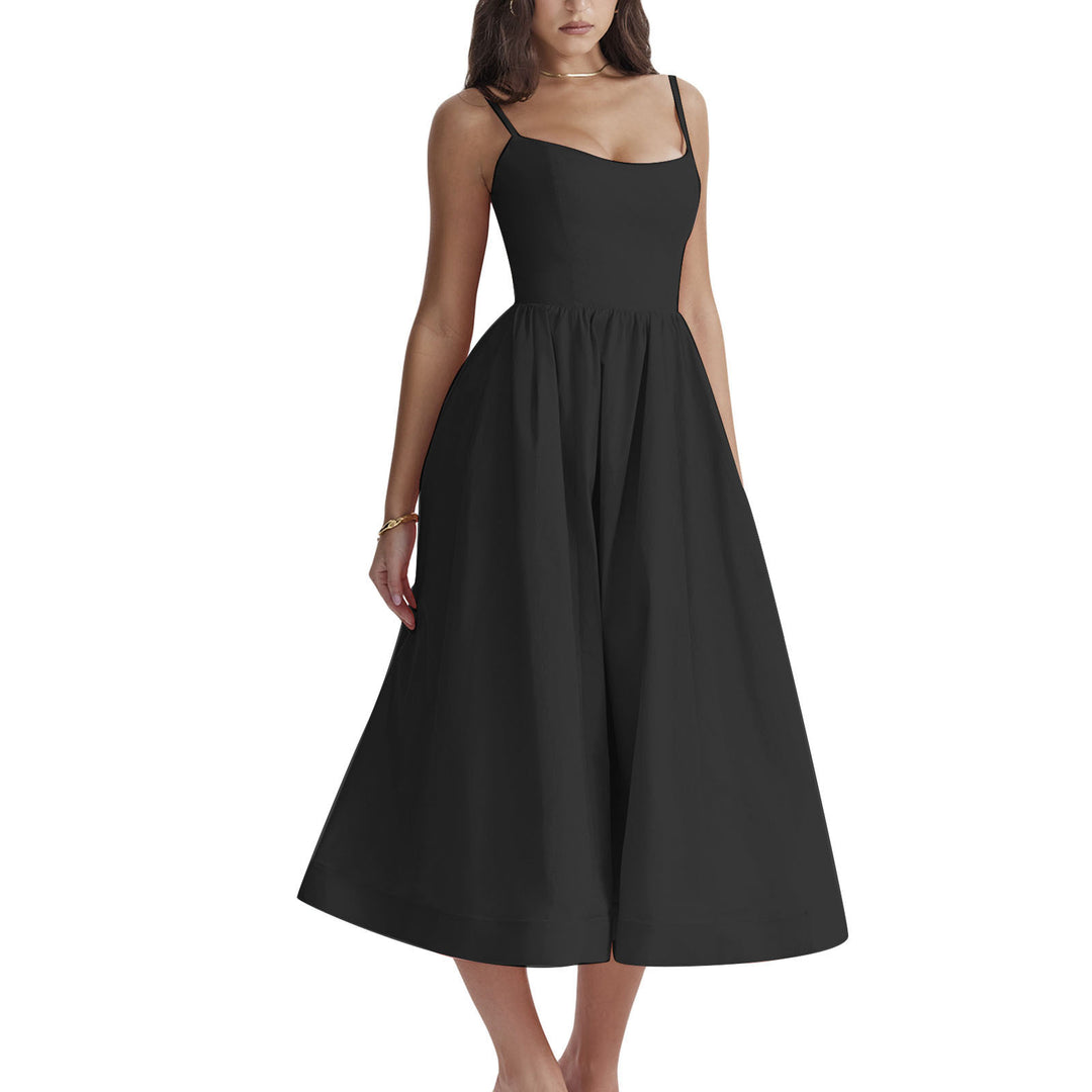 Damen elegantes Midikleid mit Spaghetti-Trägern und fließendem Rock Echo Archiv