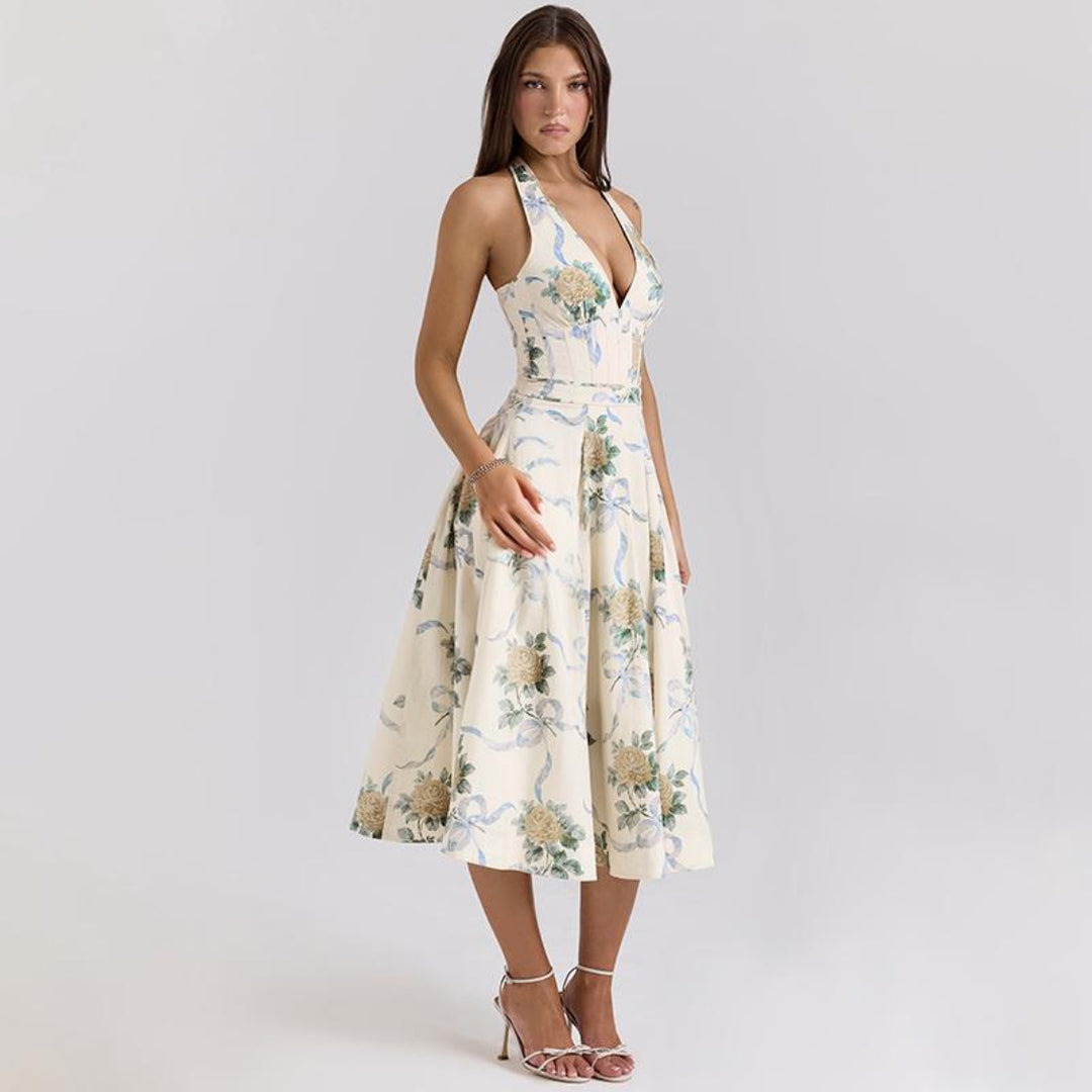 Damen Elegantes Blumen-Midikleid mit tiefem V-Ausschnitt Echo Archiv
