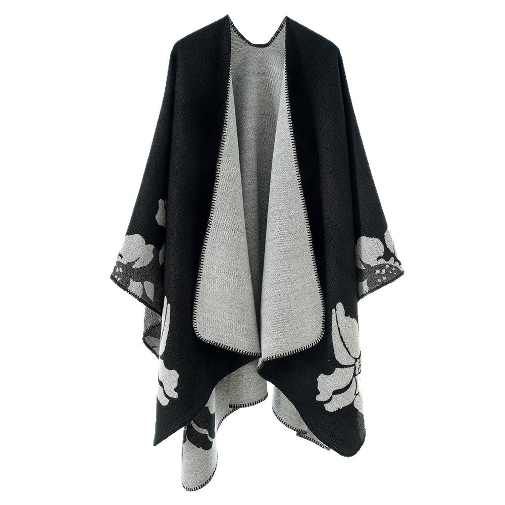 Damen Reversible Wollmix-Poncho mit floralem Jacquardmuster – Avérine
