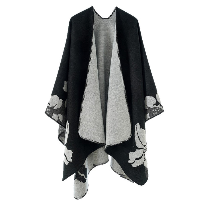 Damen Reversible Wollmix-Poncho mit floralem Jacquardmuster – Avérine