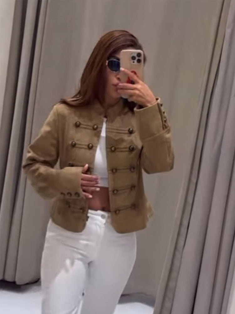Damen Taillierte Militärjacke aus Wollmischung mit Stehkragen und doppelter Knopfreihe Echoarchiv