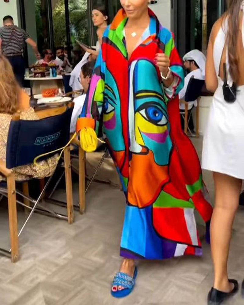 Damen nan Oversize-Hemdkaftan mit abstraktem Portraitprint und Hemdkragen Echo Archiv