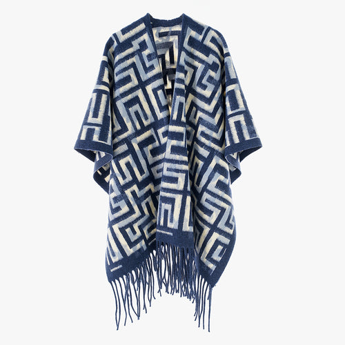Damen Geometrischer Jacquard-Capeponcho mit Fransen und offenem Fall – Avérine