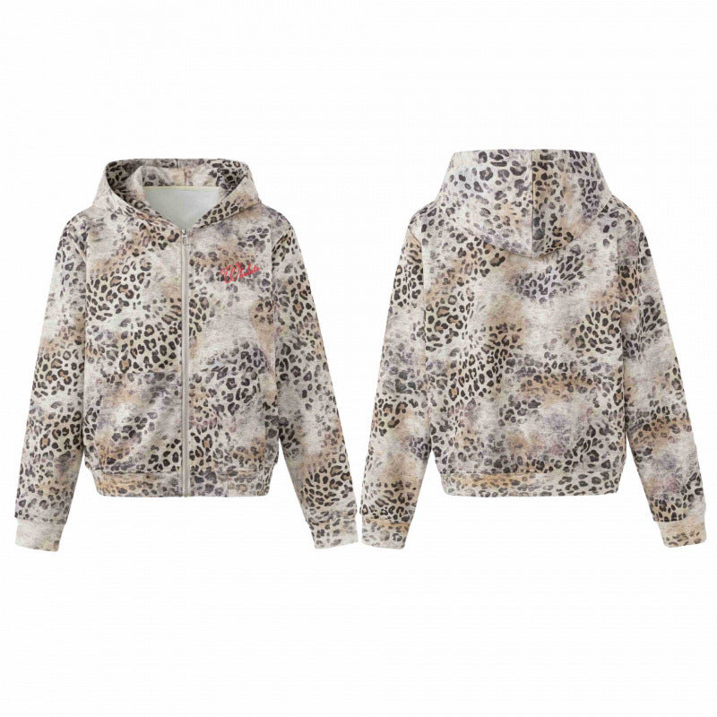 Damen Leichter Kapuzen‑Zipcardigan im Leopardenmuster mit durchgehendem Reißverschluss Echo Archiv
