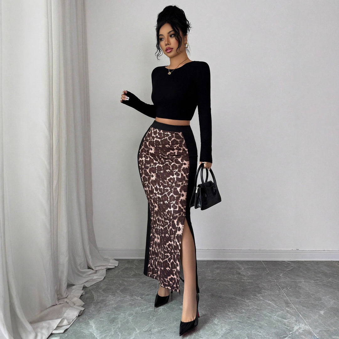 Damen nan taillierter Bleistiftmidirock mit Animal-Print-Mittelbahn und seitlichem Oberschenkel-Schlitz Echo Archiv