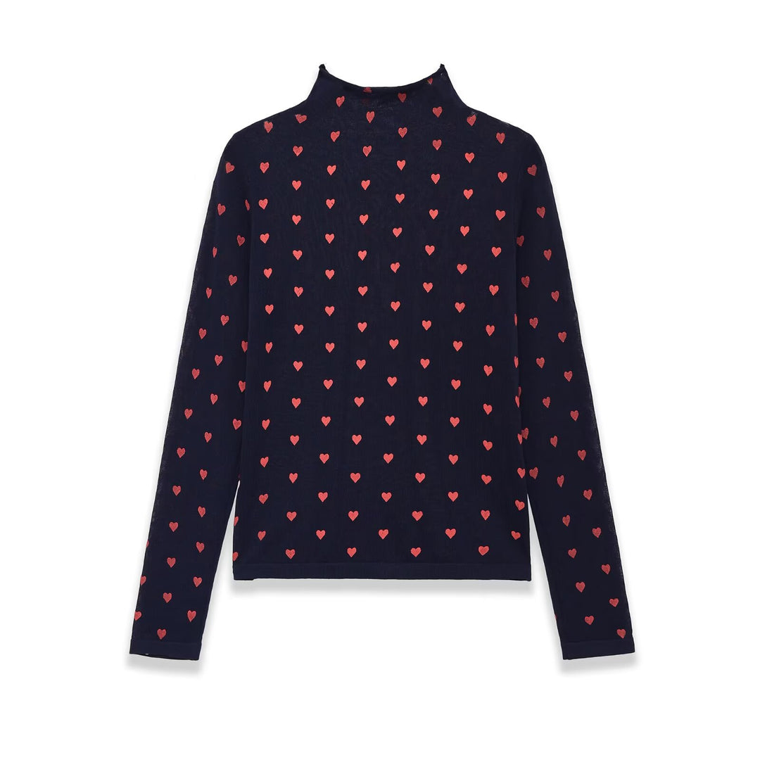 Damen Langarm-Feinstrickshirt mit Stehkragen und Allover-Herzjacquard Echo Archiv