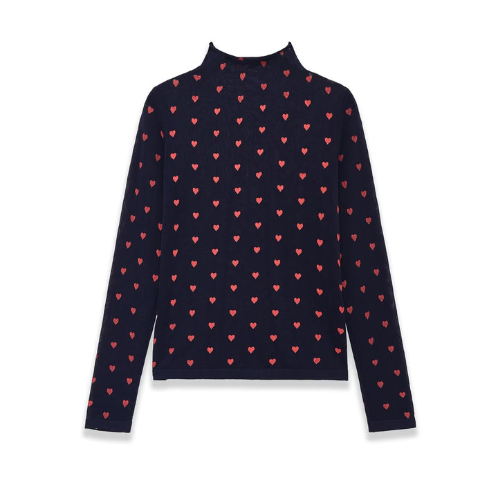 Damen Langarm-Feinstrickshirt mit Stehkragen und Allover-Herzjacquard Echo Archiv