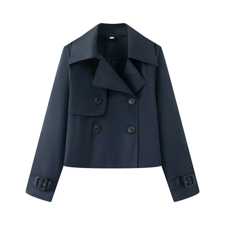 Damen kurz geschnittener Cropped Trenchcoat mit doppelreihiger Knopfleiste und verstellbaren Ärmelriemen – Montévia