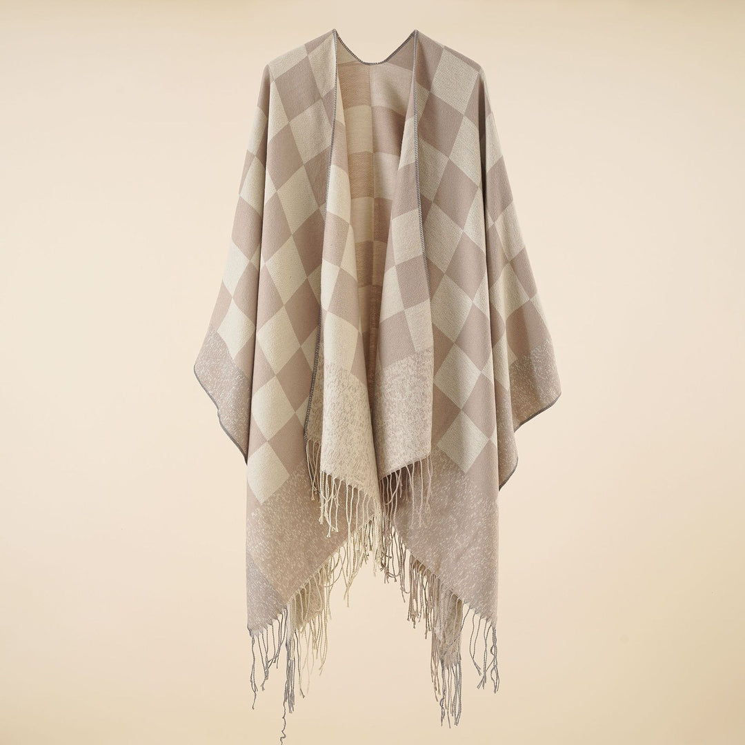 Damen Oversized gewebter Poncho mit Rautenmuster und Fransen – Avérine