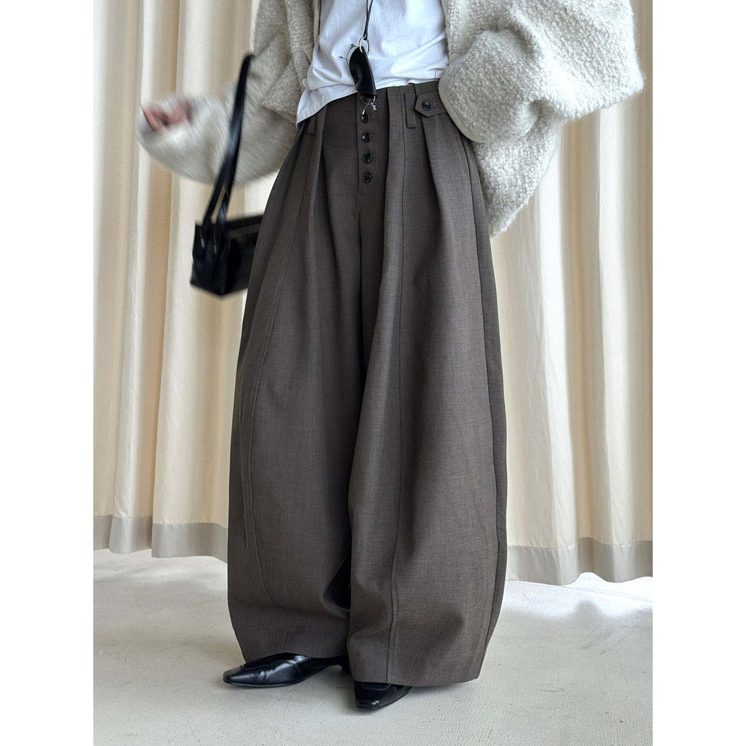 Damen weite Hose mit hoher Taille und dekorativer Knopfleiste Echoarchiv