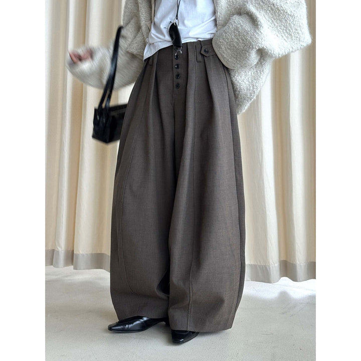 Damen weite Hose mit hoher Taille und dekorativer Knopfleiste Echoarchiv