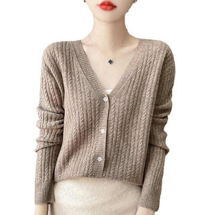 Damen Kurzgeschnittener Feinstrick-Cardigan mit V‑Ausschnitt, feiner Rippenstruktur und Perlmuttknöpfen Echoarchiv