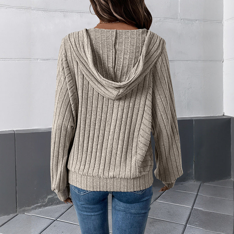 Damen Gerippter Kapuzenpullover mit V‑Ausschnitt, Knopfleiste und Oversize-Ärmeln Echoarchiv