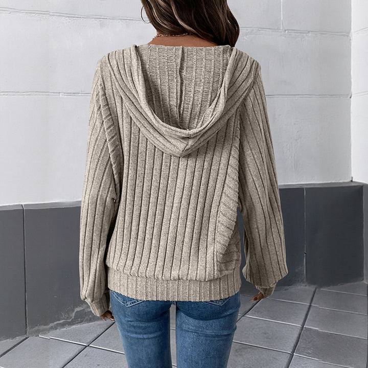 Damen Gerippter Kapuzenpullover mit V‑Ausschnitt, Knopfleiste und Oversize-Ärmeln Echoarchiv