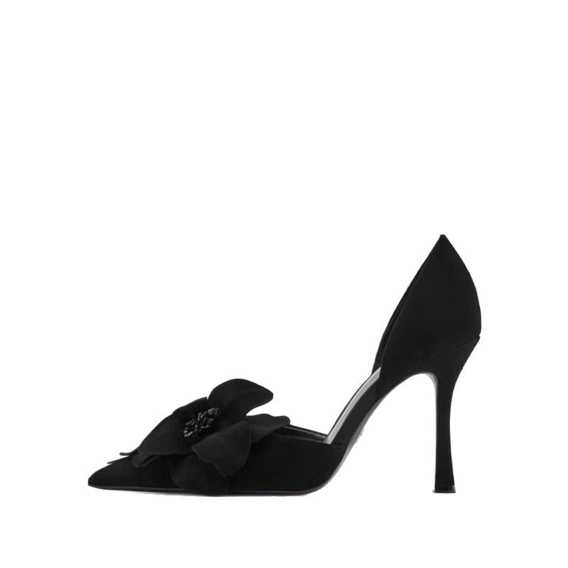 Damen Spitz zulaufende Abend‑D'Orsay‑Pumps mit handgefertigter 3D‑Blütenapplikation und sculpted Stiletto – Lioré