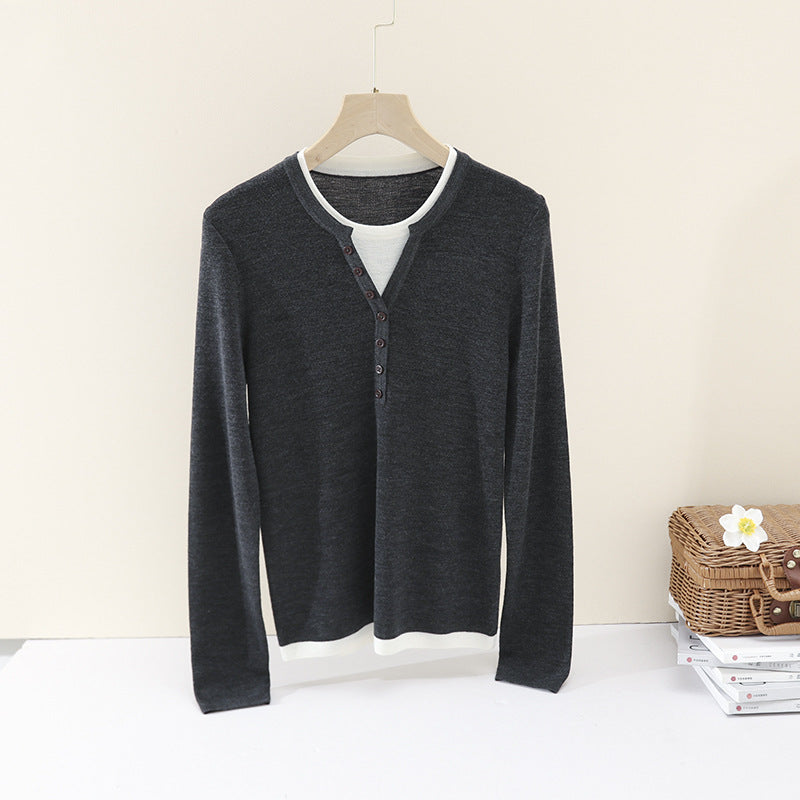 Damen Layer-Look Feinstrick-Longsleeve mit Henley-Knopfleiste Echo Archiv
