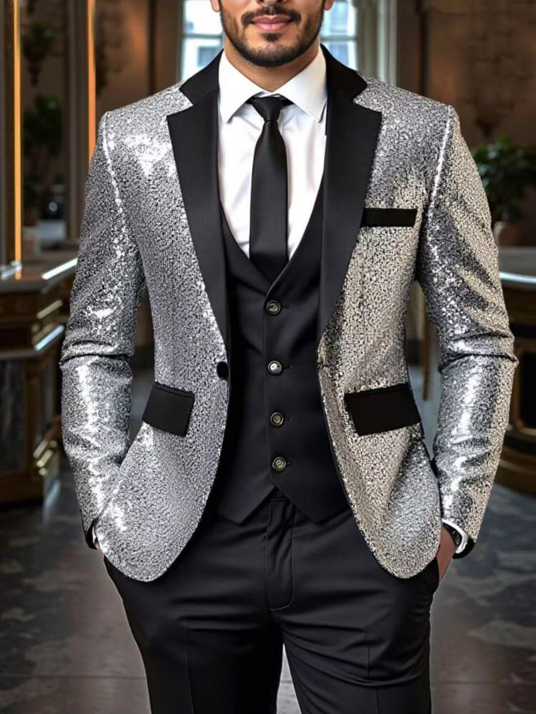 Herren Pailletten‑Sakko mit Satin‑Schalkragen und tailliertem Schnitt Echo Archiv