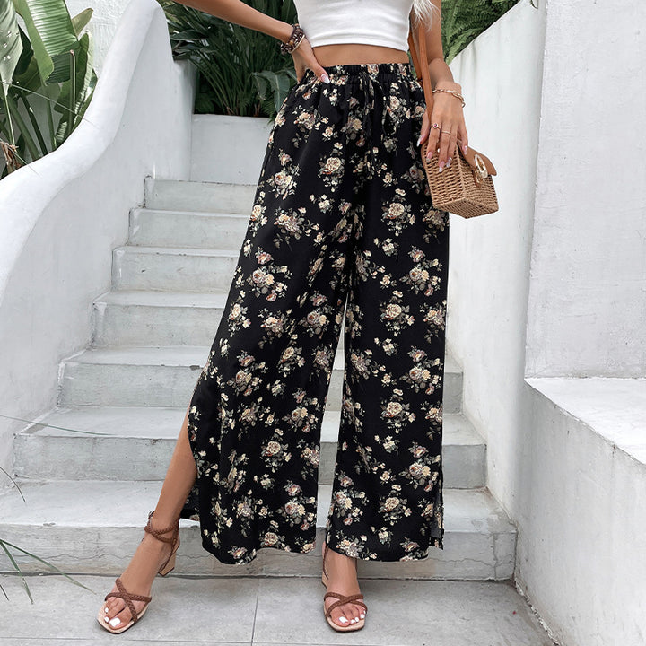 Damen Leichte Palazzo-Hose aus Viskosemix mit Gummibund, Tunnelzug und seitlichen Beinschlitzen Echoarchiv
