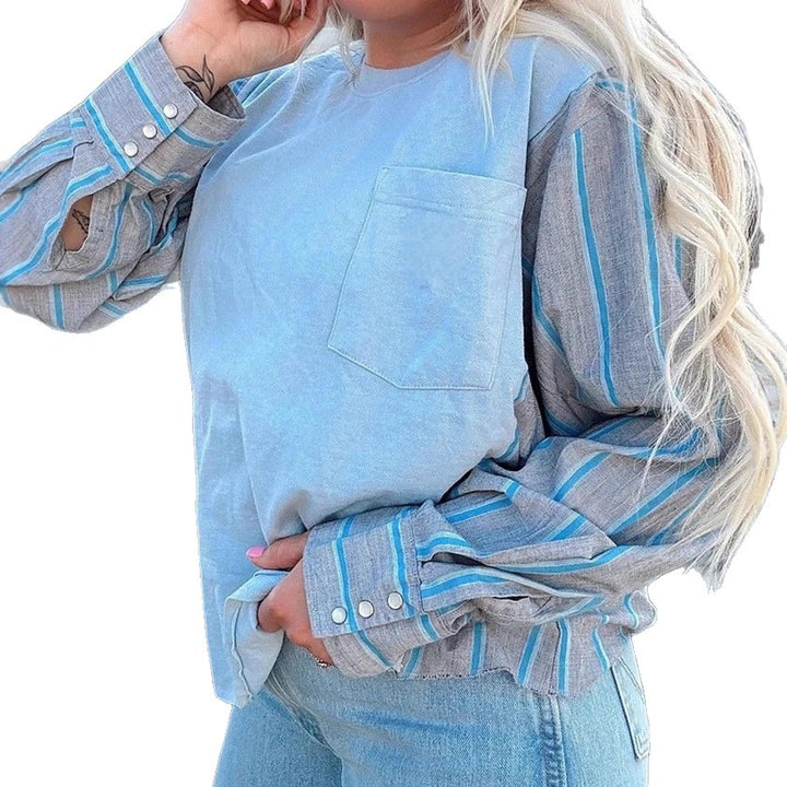 Damen nan Langarmshirt im Lagenlook mit Brusttasche und gestreiften Hemdärmeln Echo Archiv
