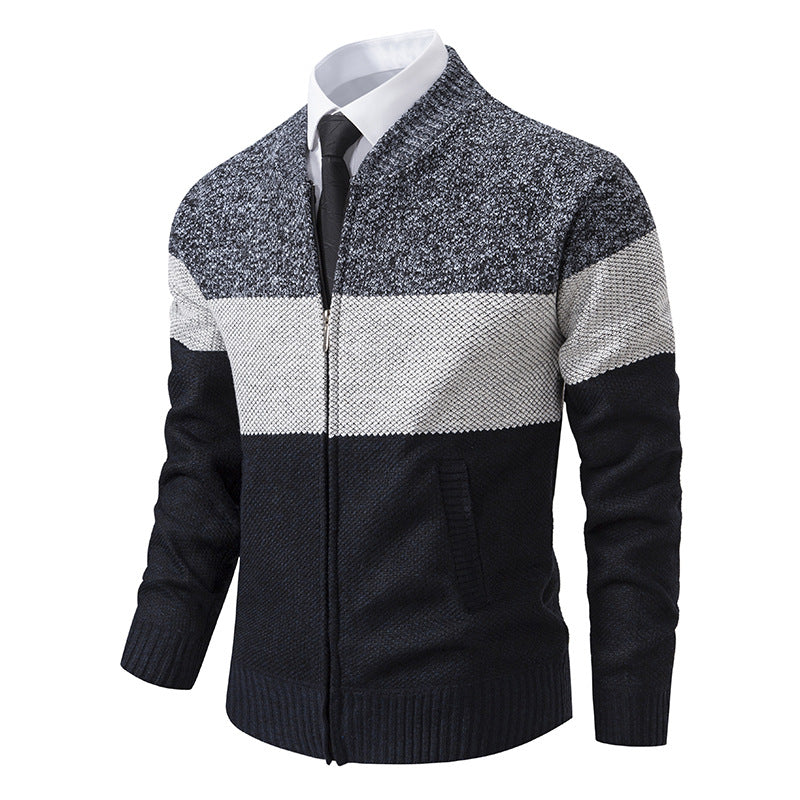 Herren Strukturierte Blockstreifen‑Strickjacke mit Frontzip, Stehkragen und Eingrifftaschen Echo Archiv