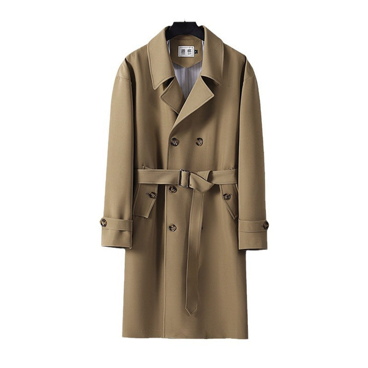 Herren Moderner knielanger Doppelreihiger Trenchcoat mit Taillengürtel Echoarchiv