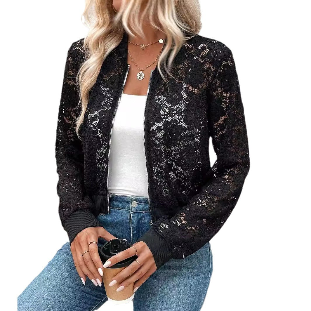 Damen nan Spitzen-Bomberjacke mit Reißverschluss, Rippbündchen und floraler Transparenz Echo Archiv