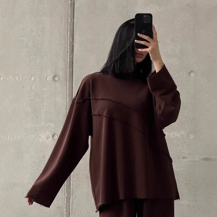 Damen weiches Oversize Lounge-Set mit diagonalem Ziernähten und extra weiter Palazzo-Hose – Élanora