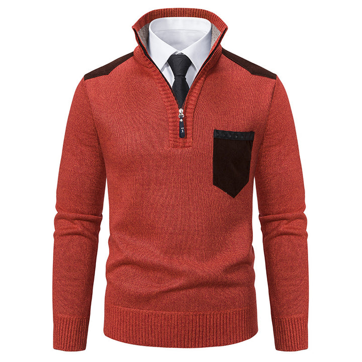 Herren nan Feinstrick-Halbzip-Pullover mit Stehkragen, Brusttasche und Schulterbesatz Echo Archiv