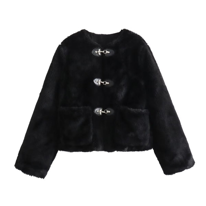 Damen Kurze Teddyjacke mit Knebelverschluss und aufgesetzten Taschen Echoarchiv