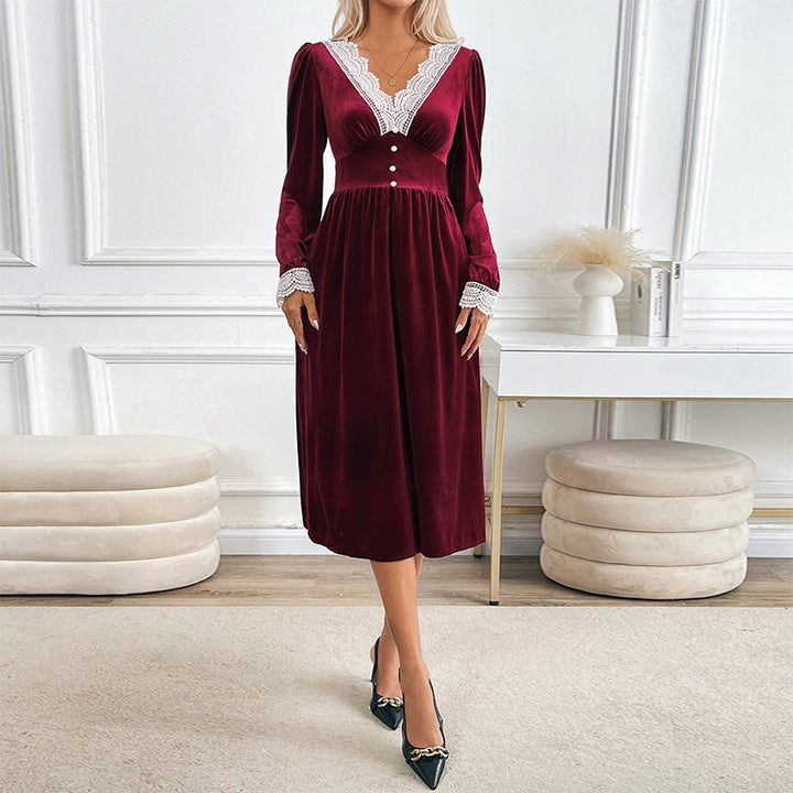 Damen Samt-Midikleid mit Spitzen‑V-Ausschnitt, tailliertem Empire‑Schnitt und Zierknöpfen Echoarchiv
