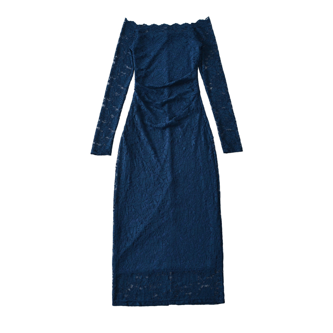 Damen Schulterfreies Spitzenkleid mit Taillenraffung und Langarm Echoarchiv