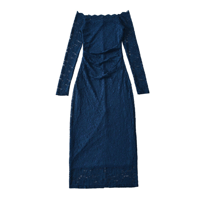 Damen Schulterfreies Spitzenkleid mit Taillenraffung und Langarm Echoarchiv