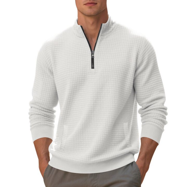 Herren Waffelstrick-Halbzip-Pullover mit Stehkragen, Kängurutasche & gerippten Abschlüssen – Cavarno