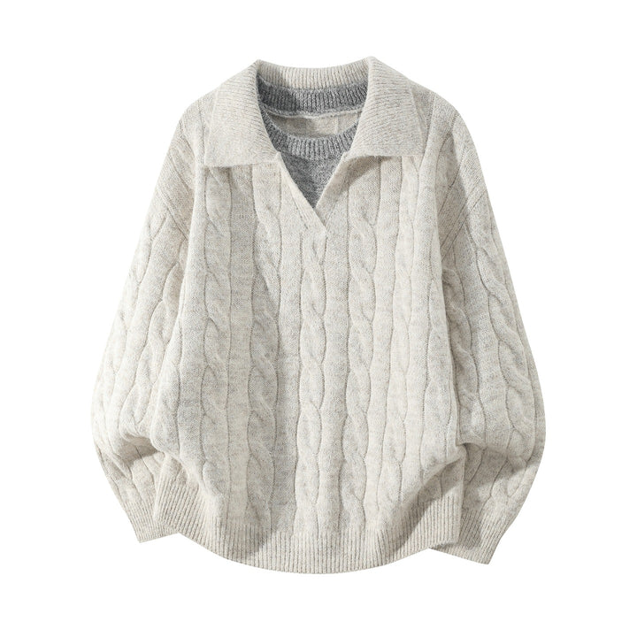 Damen Oversize Zopfmuster-Pullover mit offenem Polokragen & Layer‑Look Echoarchiv