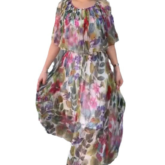 Damen nan luftiges Chiffon-Maxikleid mit floralem Print, gerafftem Rundhalsausschnitt und elastischem Taillenband Echo Archiv