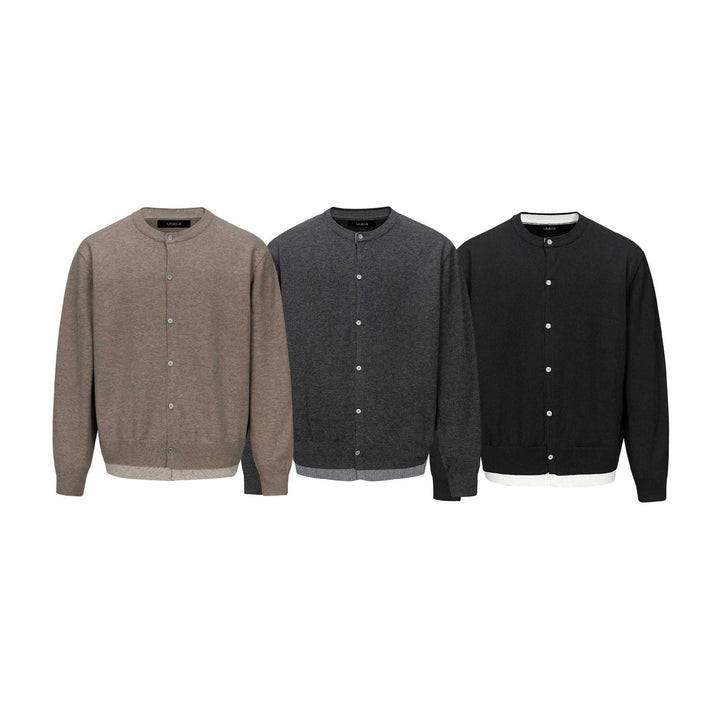 Herren Feinstrick-Cardigan mit Rundhals, durchgehender Knopfleiste und geripptem Saum Echoarchiv