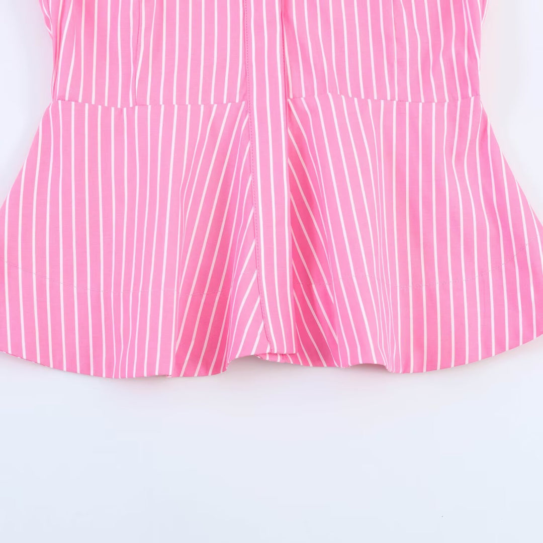 Damen Gestreifte Peplum-Bluse mit Ballonärmeln und Hemdkragen Echo Archiv