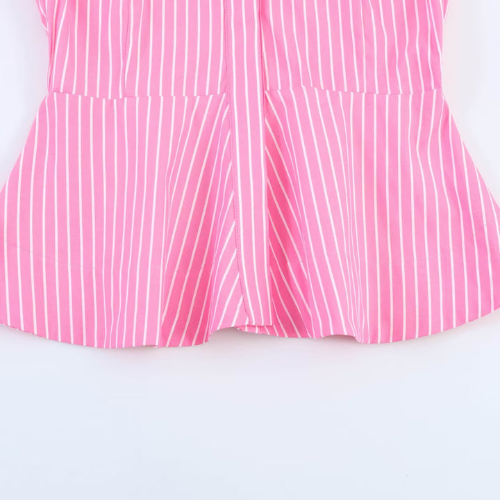 Damen Gestreifte Peplum-Bluse mit Ballonärmeln und Hemdkragen Echo Archiv